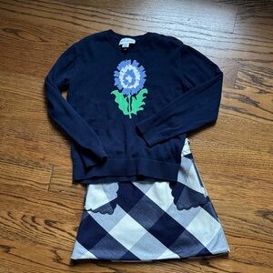 Petit Peony Navy Blue Sweater and plaid skirt set size 7/8
